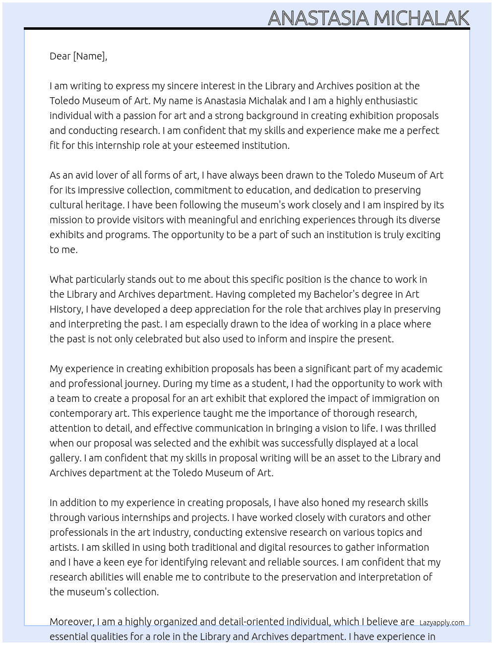 library and archives  At Toledo Museum of art Cover Letter