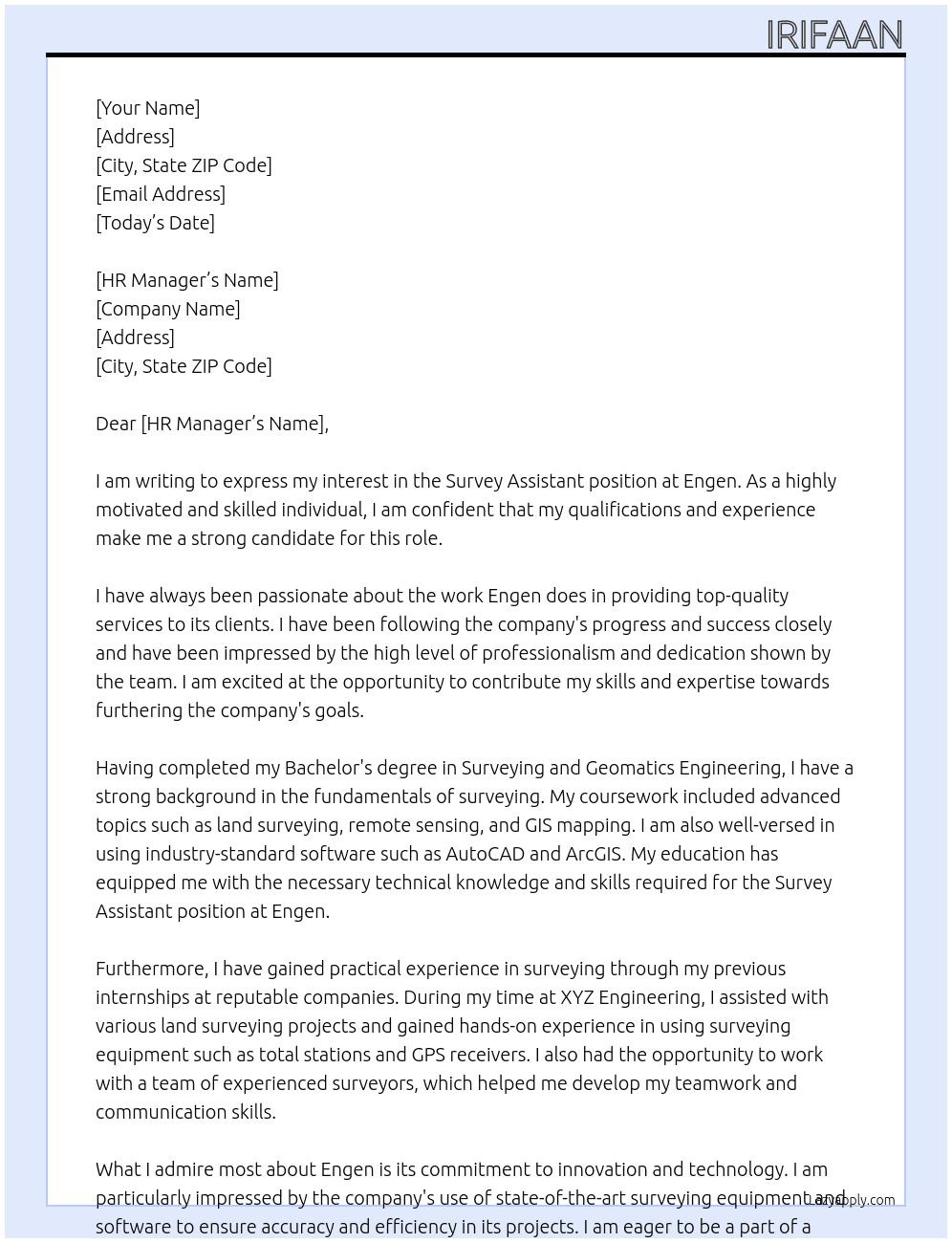 Survey Assistant At Engen Cover Letter