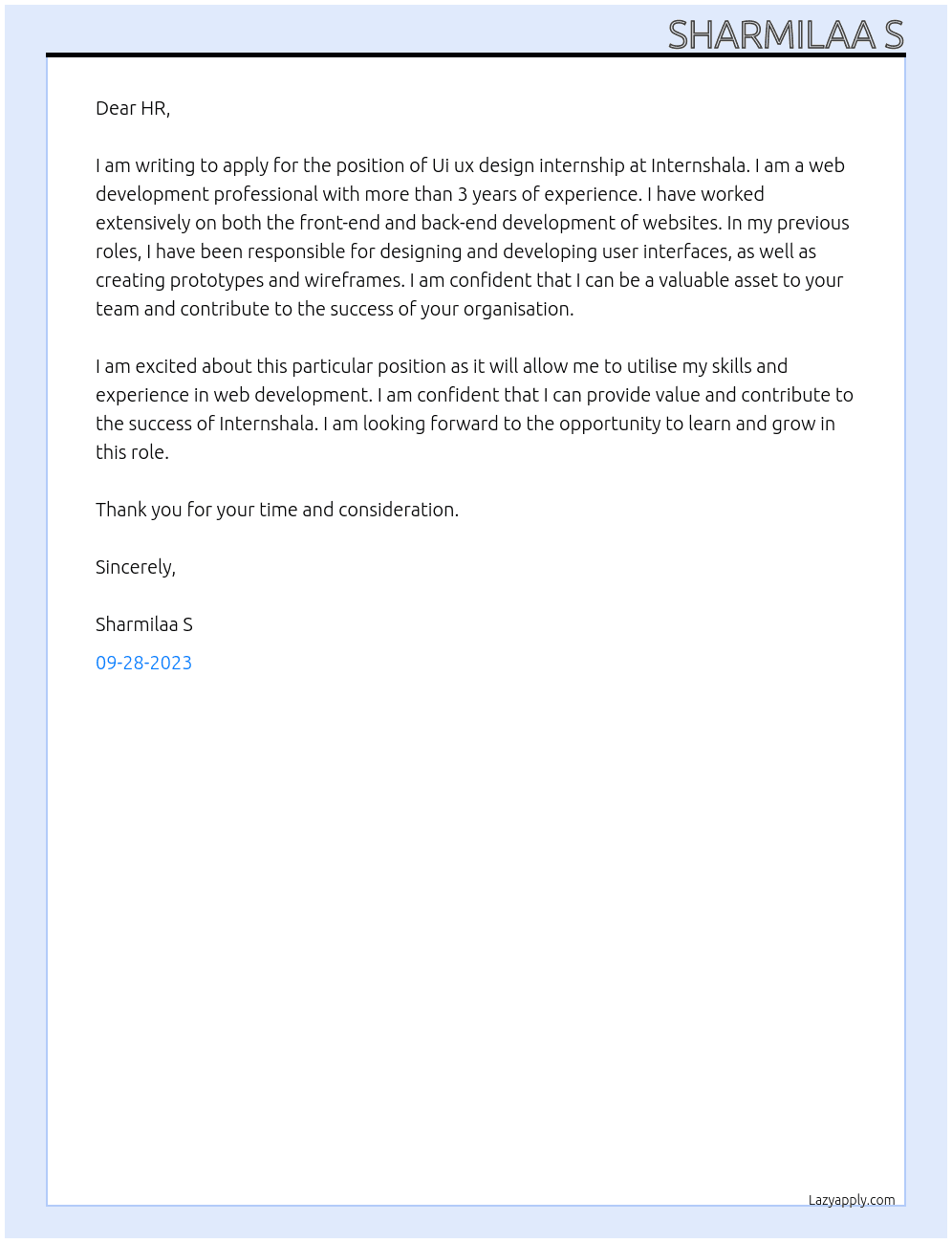 Ui ux design internship At Internshala Cover Letter