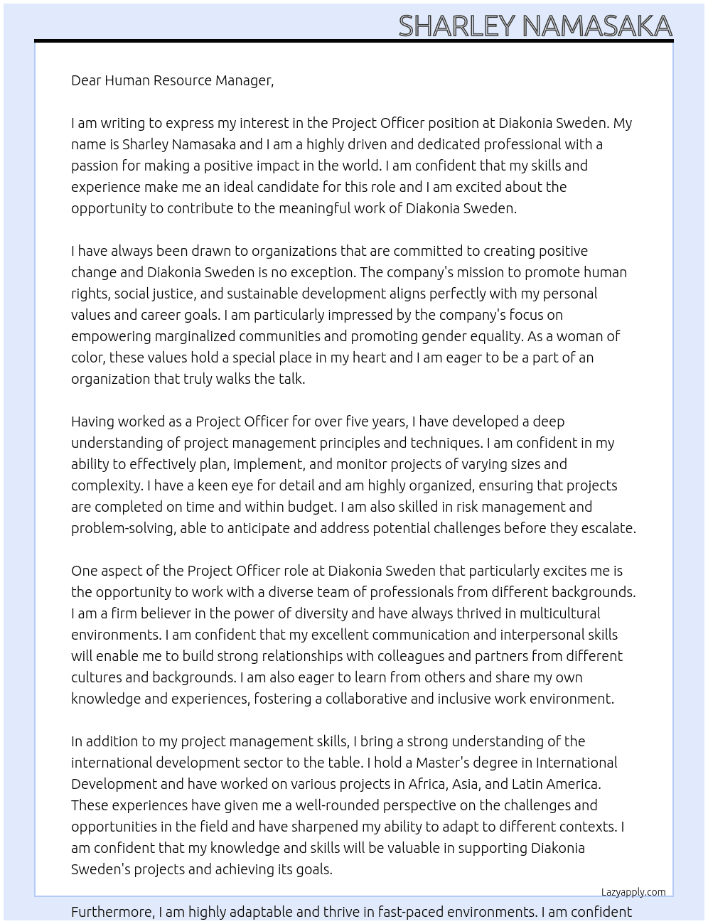 Project Officer  At Diakonia Sweden Cover Letter