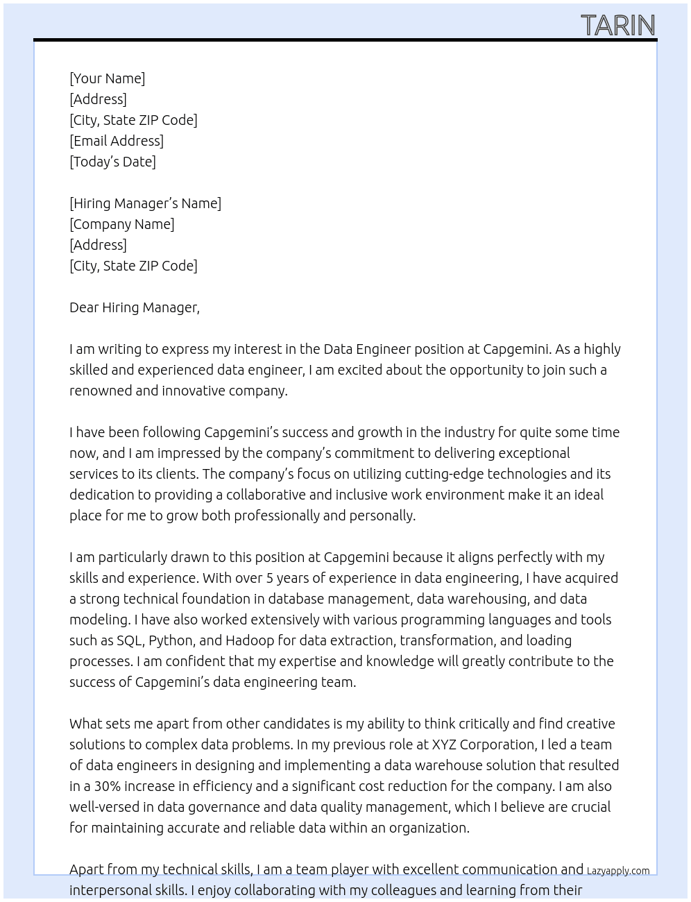 data enginner At capgemini Cover Letter