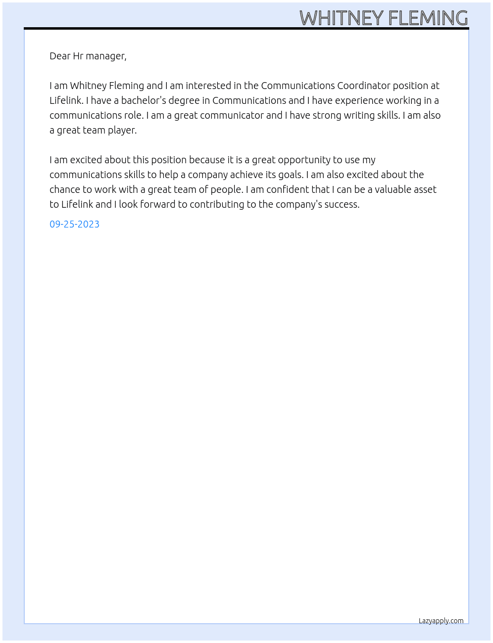Communications Coordinator  At Lifelink Cover Letter