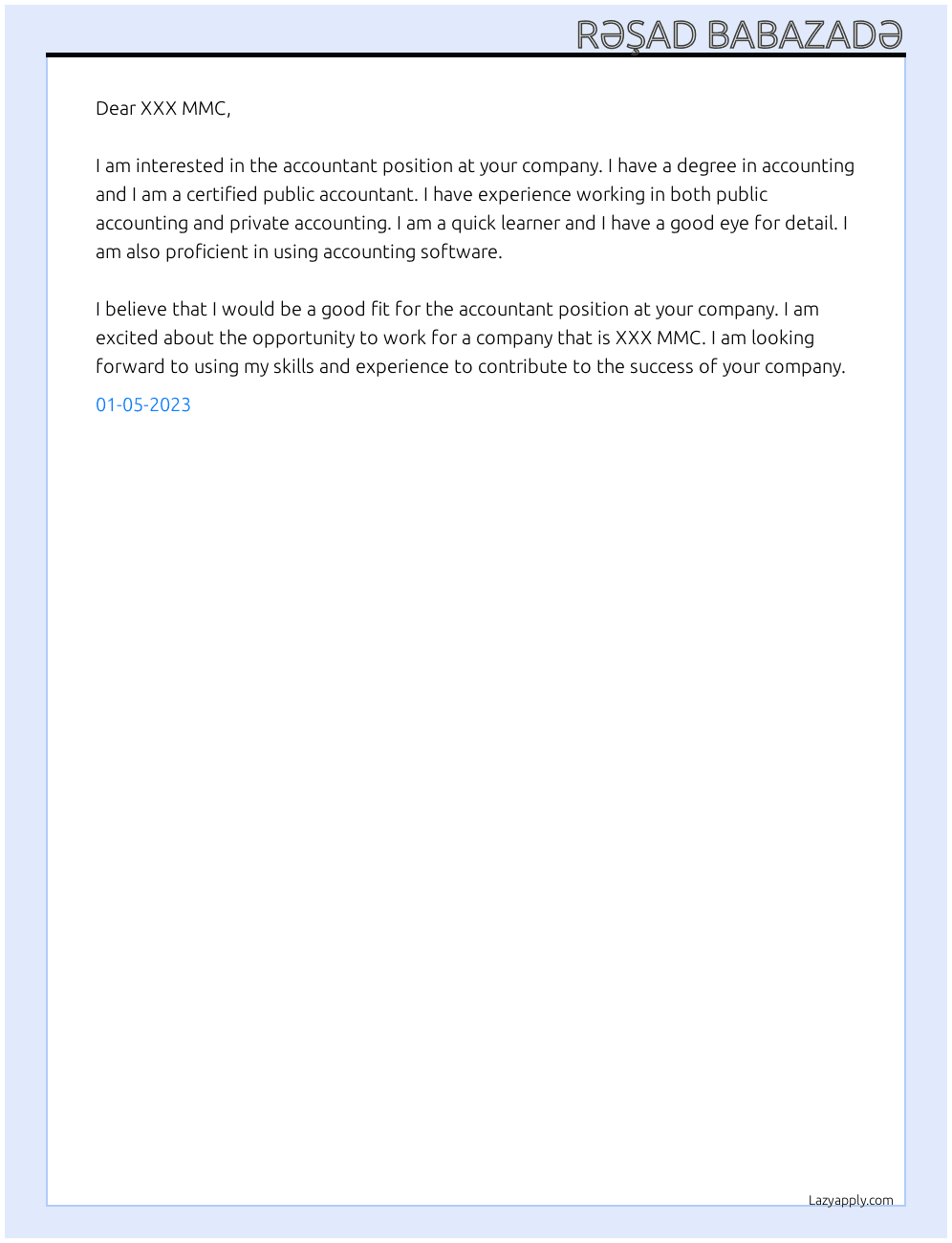 Accountant At XXX MMC Cover Letter
