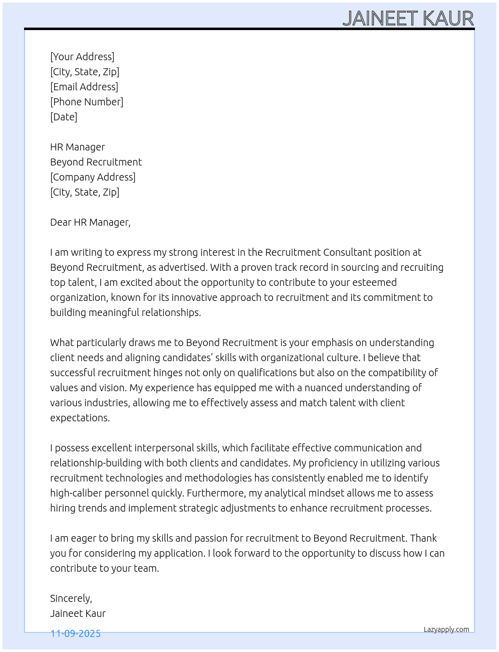 Recruitment Consultant At Beyond Recruitment Cover Letter