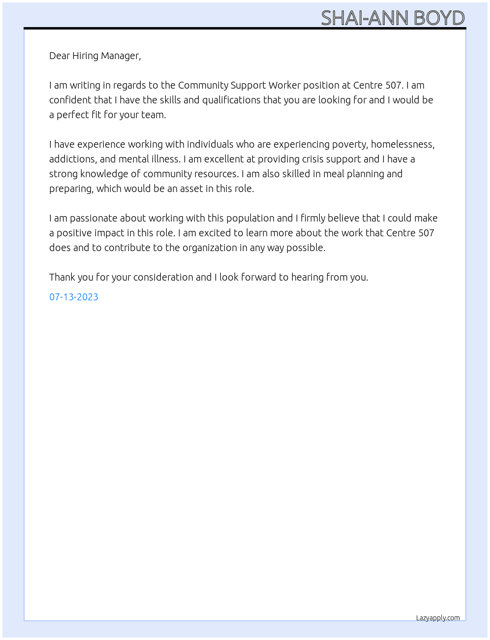 Community Support Workwr  At Centre 507  Cover Letter