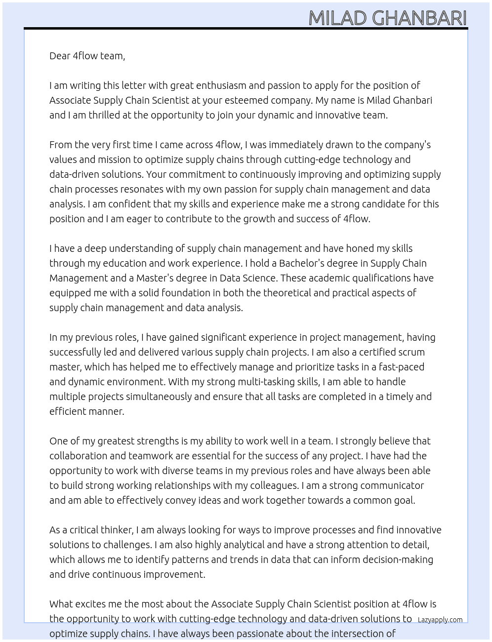 Associate Supply Chain Scientist At 4flow Cover Letter