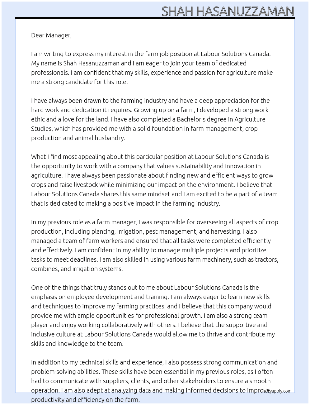 farm job At Labour Solutions Canada Cover Letter