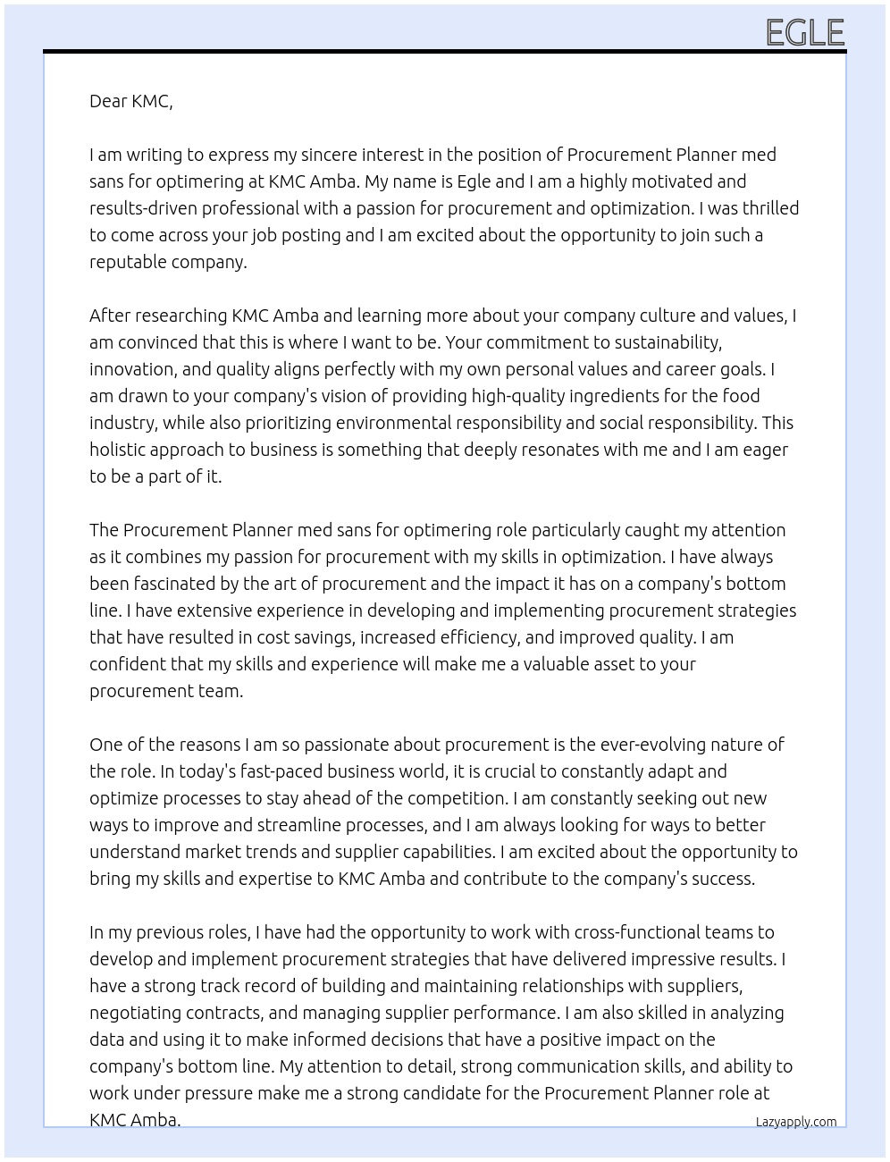 Procurement Planner med sans for optimering At KMC Amba Cover Letter