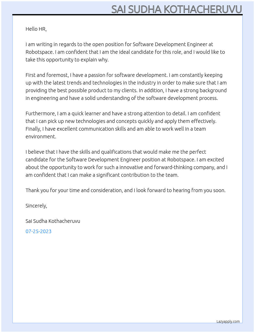 Software Development Engineer At Robotspace Cover Letter