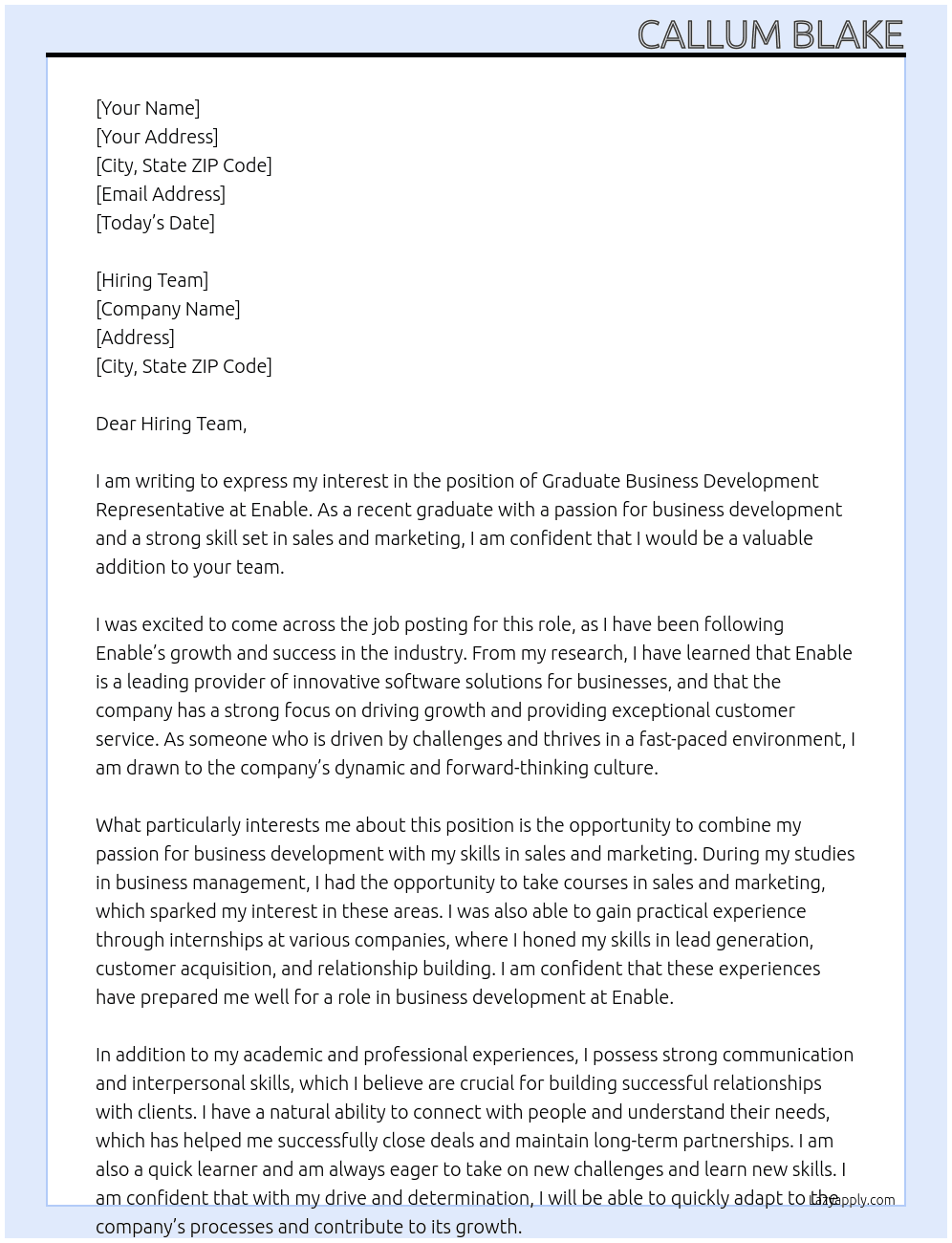 Graduate Business Development Representative At Enable Cover Letter