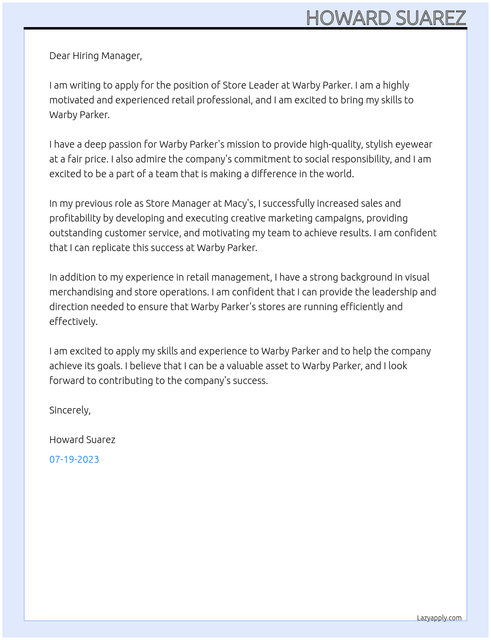 Store Leader At Warby Parker Cover Letter