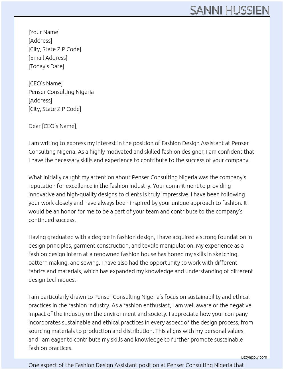 Fashion design assistant  At Penser Consulting Nigeria  Cover Letter