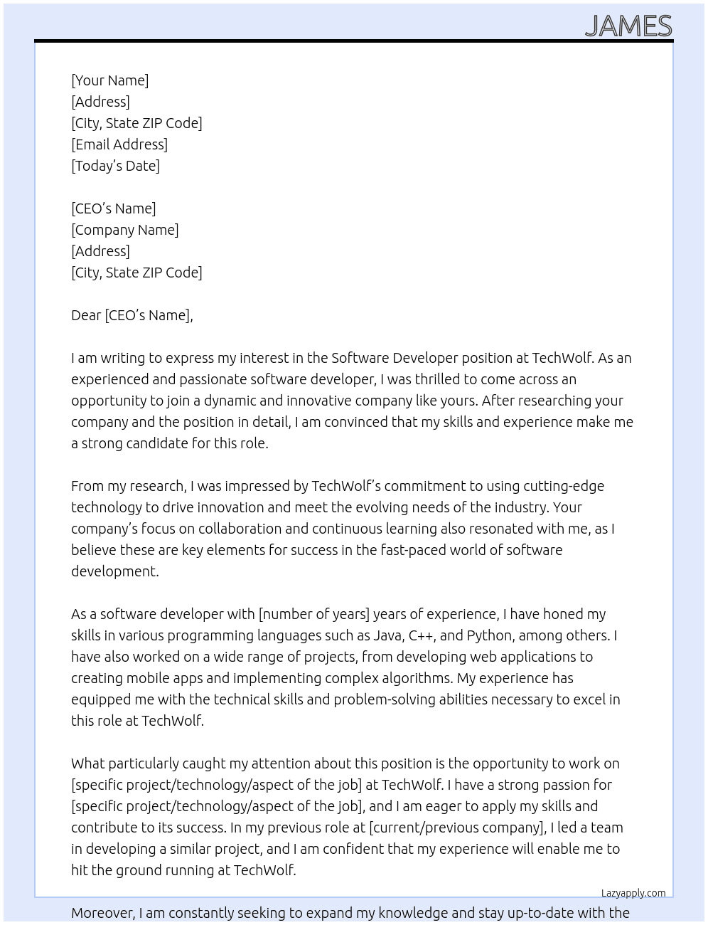 Software Developer At TechWolf Cover Letter