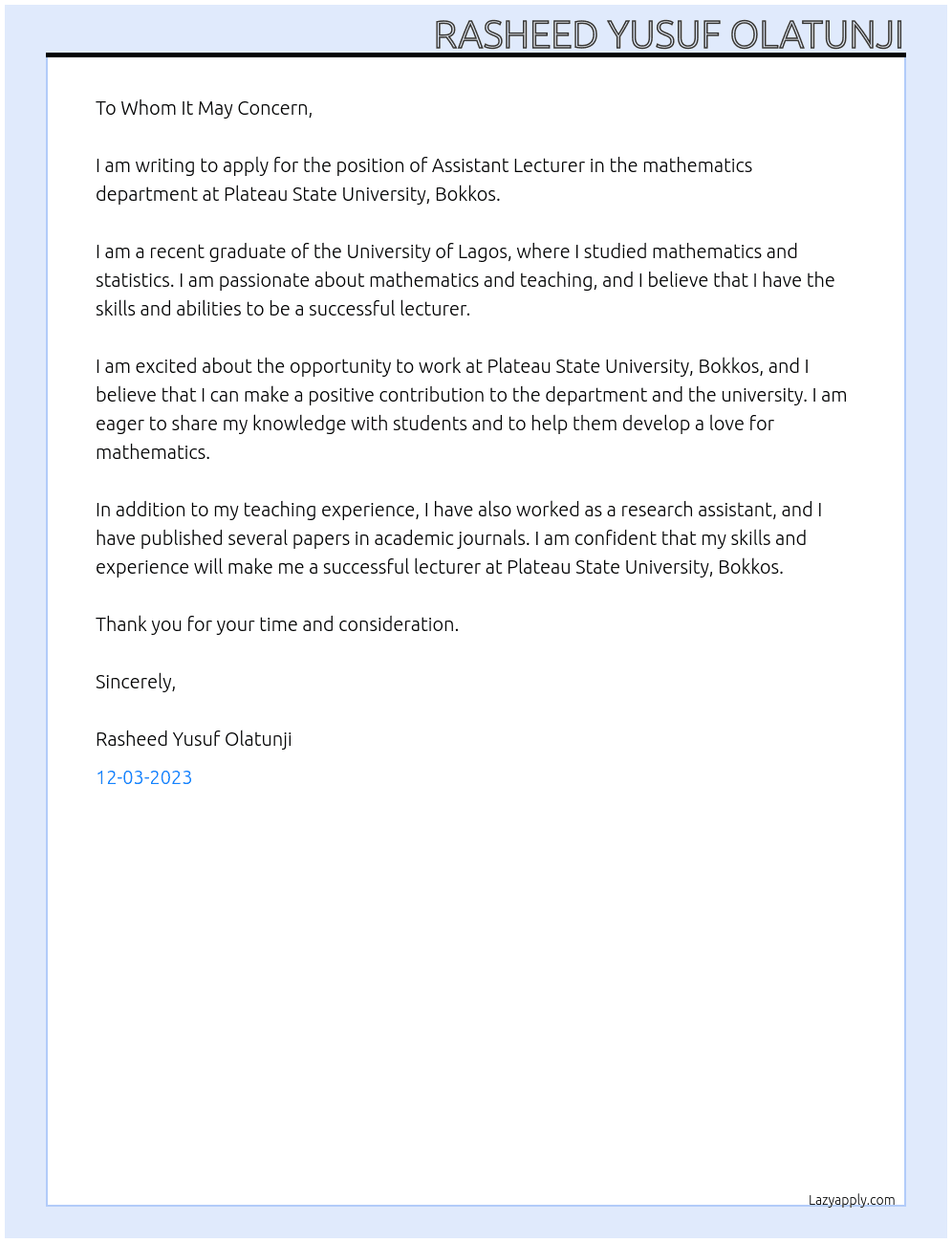 Assistant Lecturer in mathematics department At Plateau State University, Bokkos Cover Letter