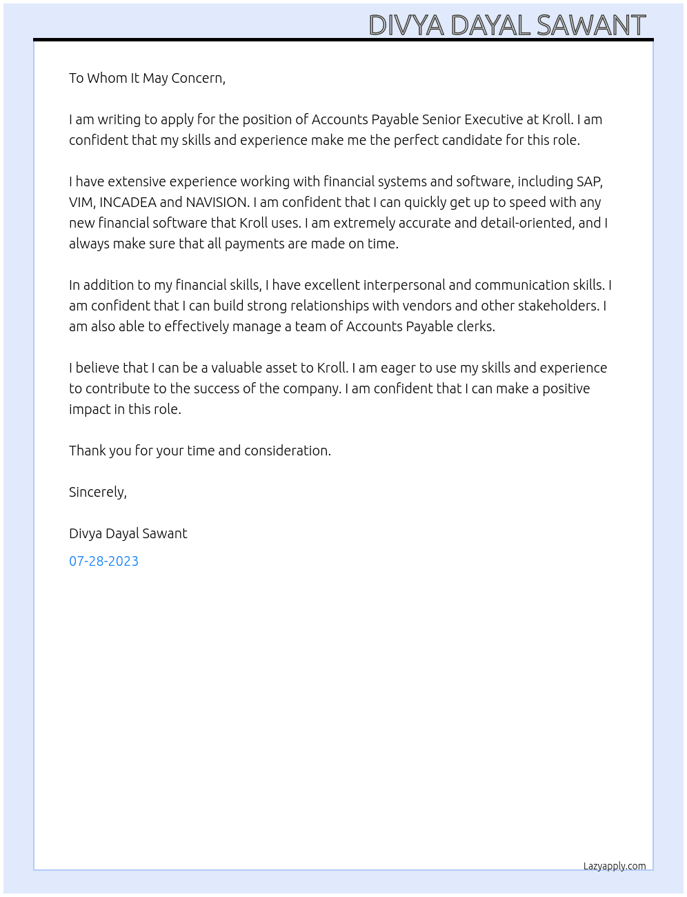 Accounts payable senior executive At Kroll - financial company. Cover Letter