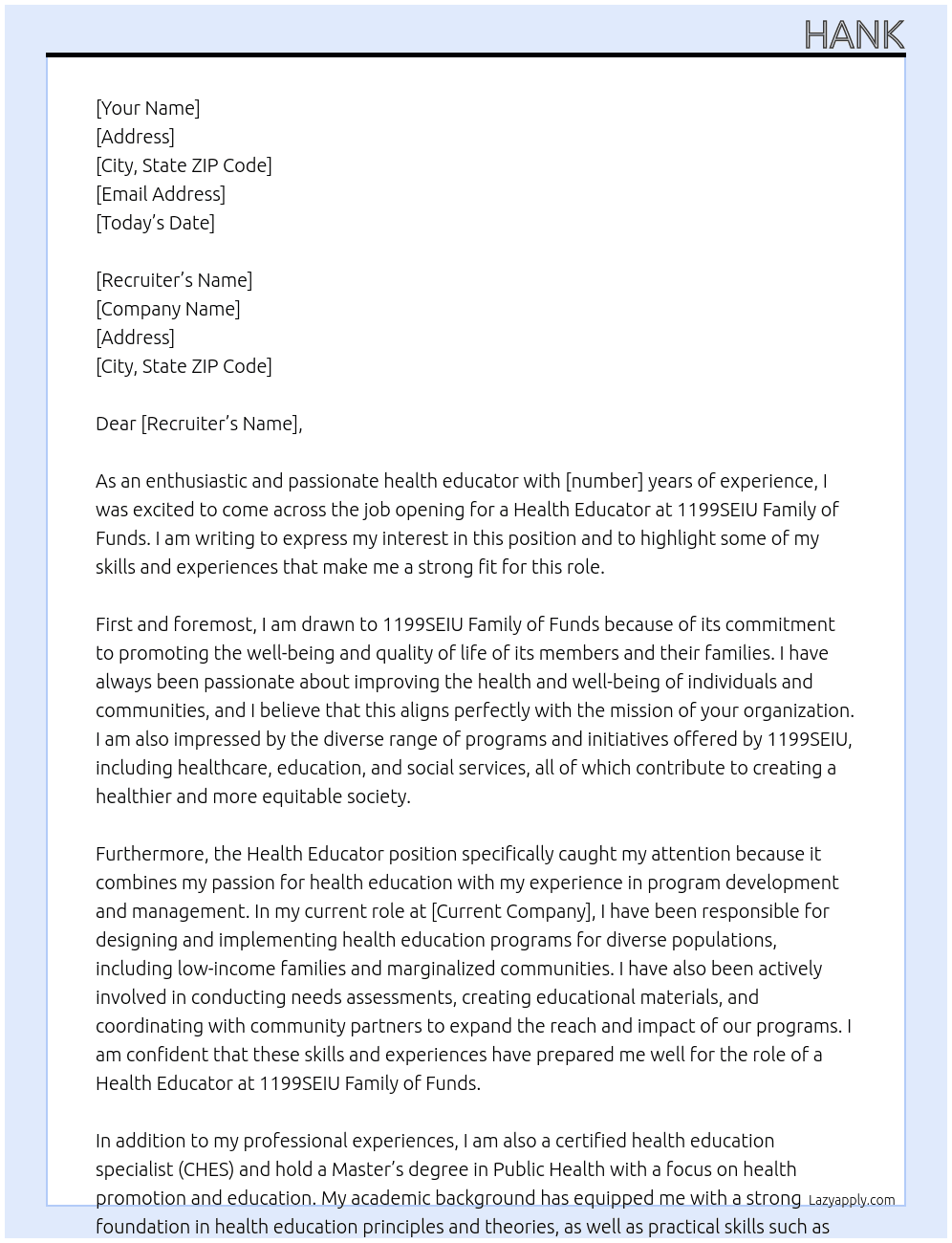 Health Educator At 1199SEIU Family of Funds  Cover Letter