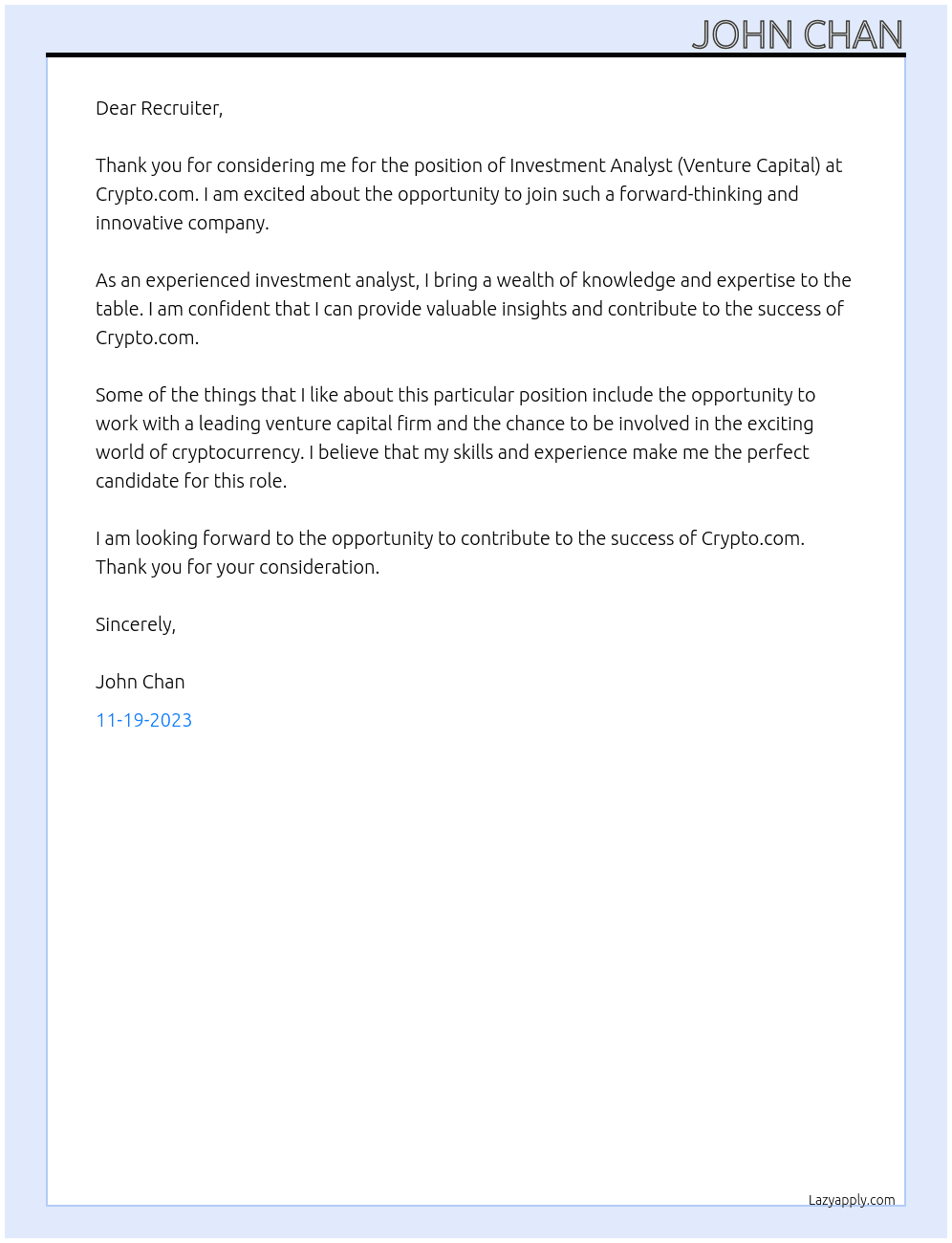 Investment Analyst (Venture Capital) At Crypto.com Cover Letter