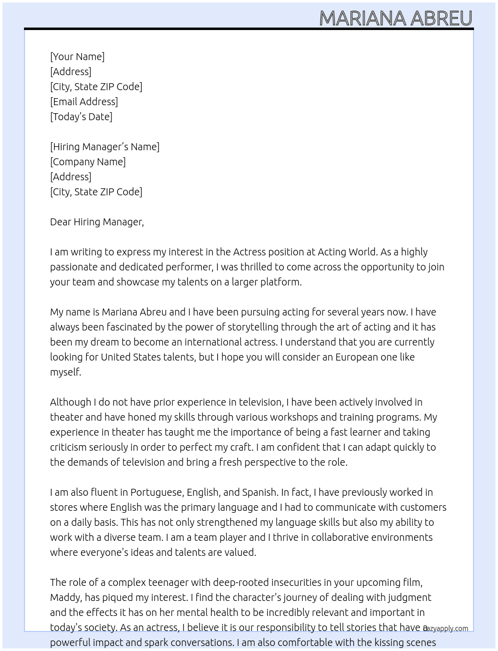 Actress At Acting World Cover Letter