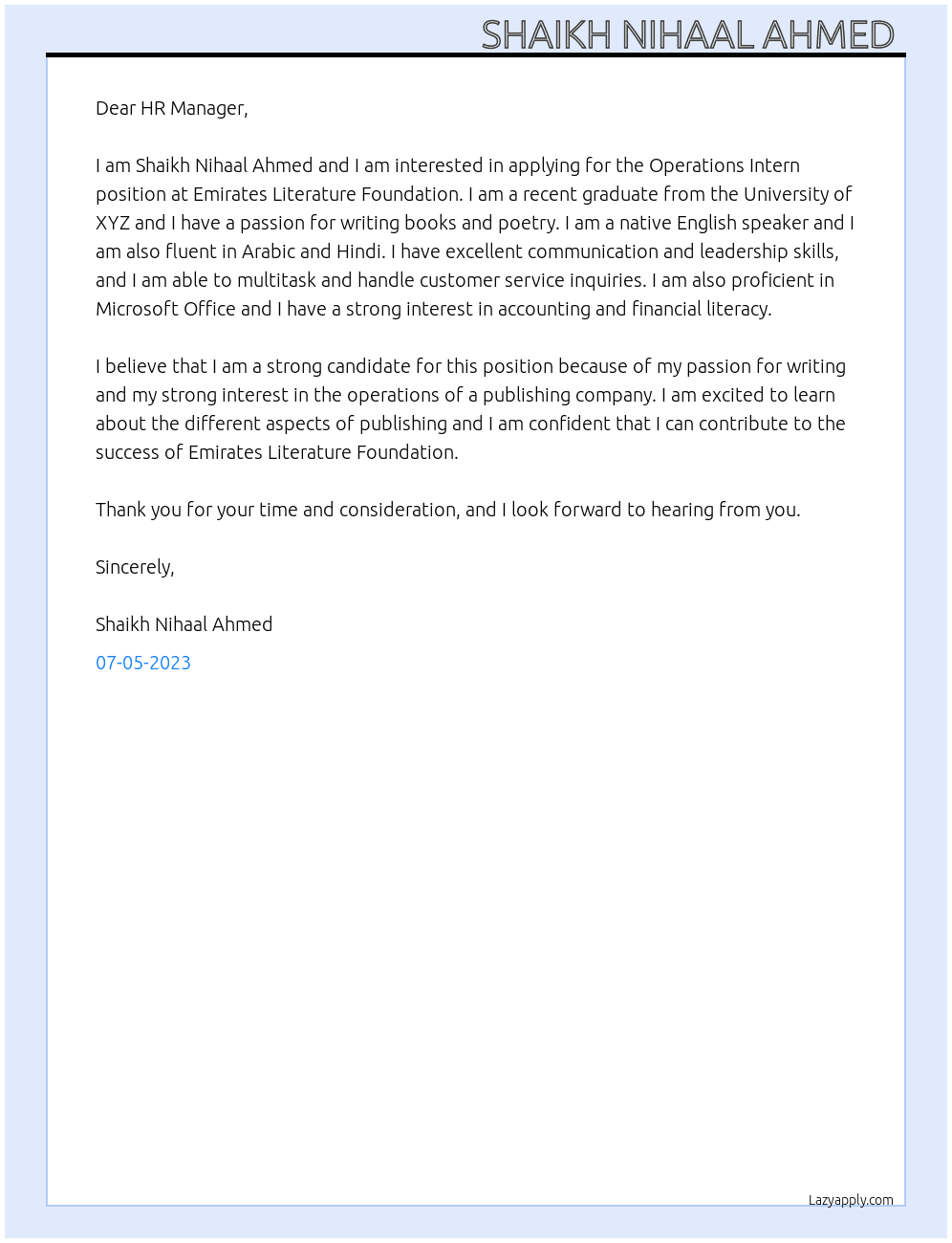 Operations Intern  At Emirates Literature Foundation  Cover Letter