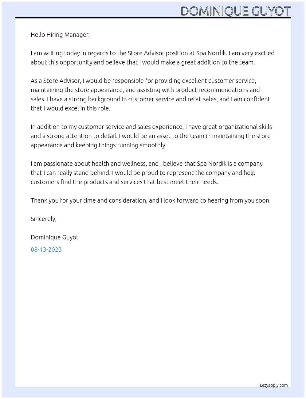 Store Advisor At Spa Nordik Cover Letter