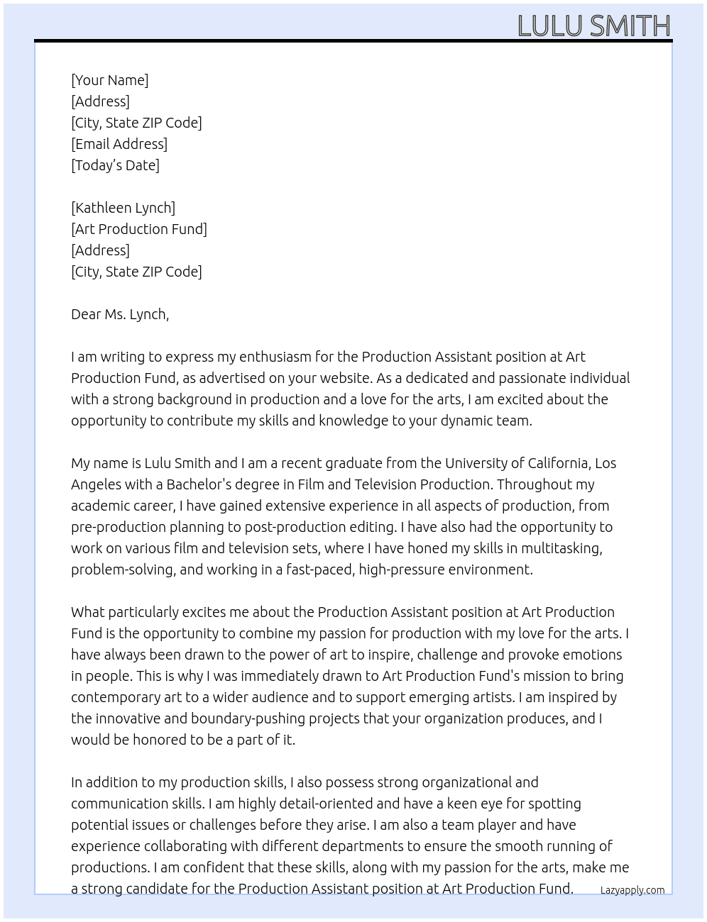 Production Assistant  At Art Production Fund Cover Letter