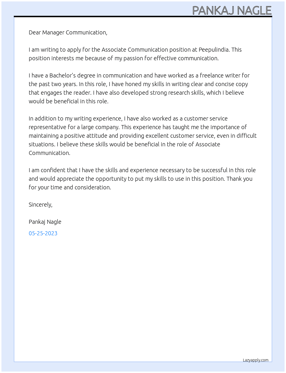 Associate Communication  At Peepulindia  Cover Letter