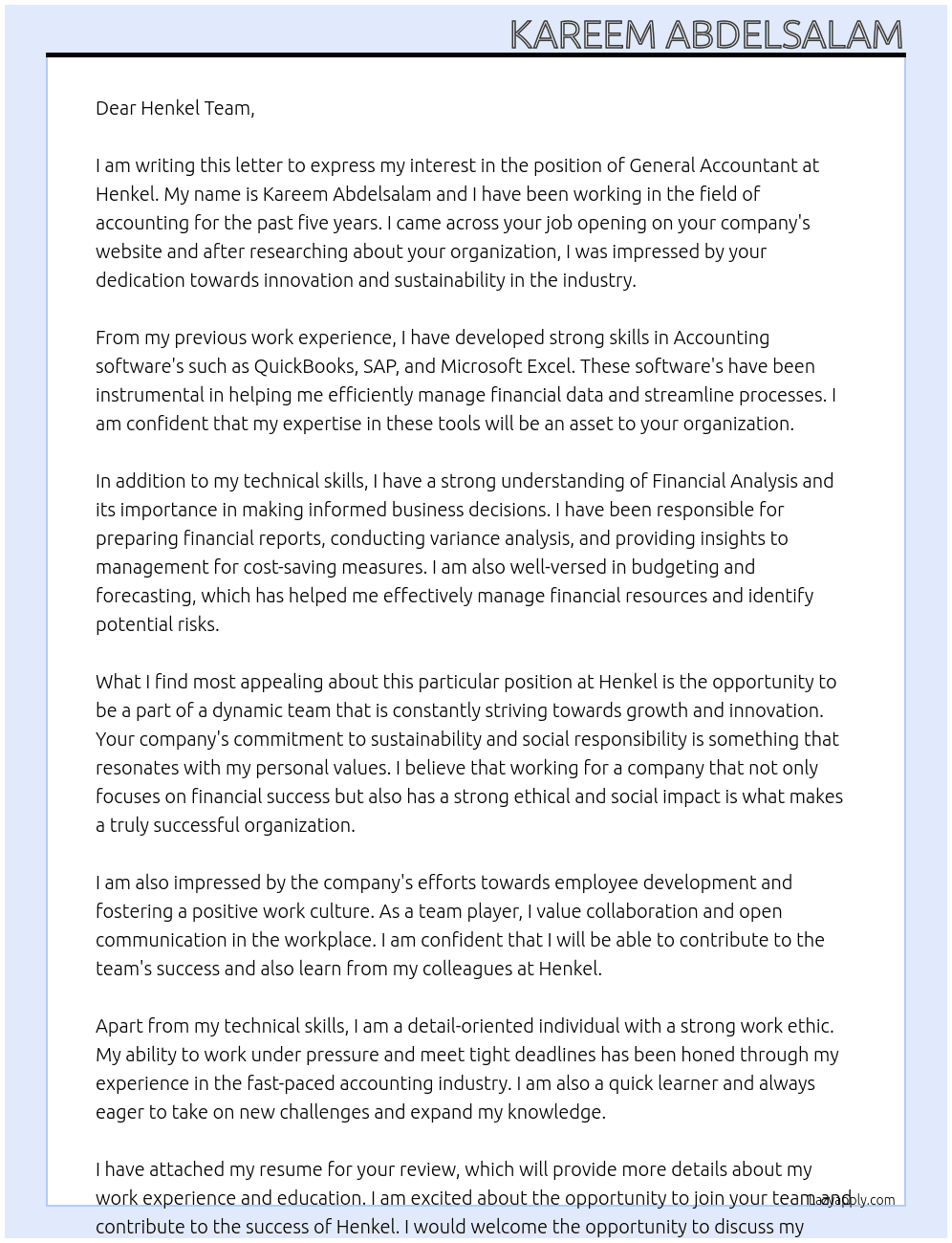 General Accountant At Henkel  Cover Letter