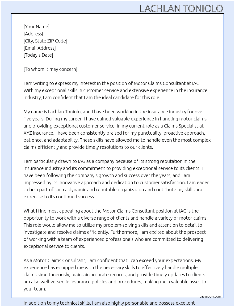 Motor Claims Consultant At IAG Cover Letter
