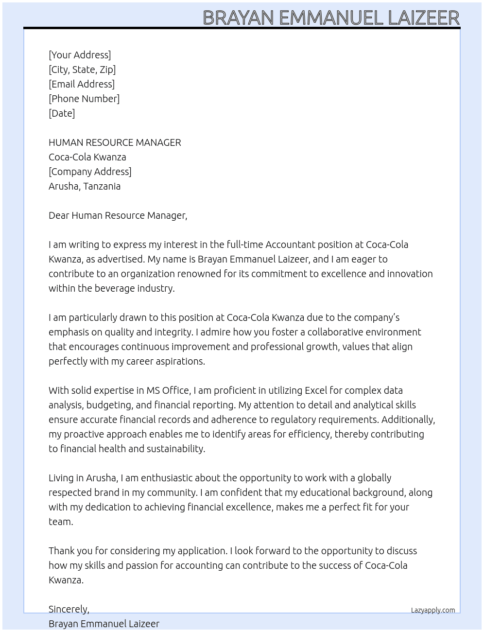 accountant At COCA - COLA KWANZA Cover Letter