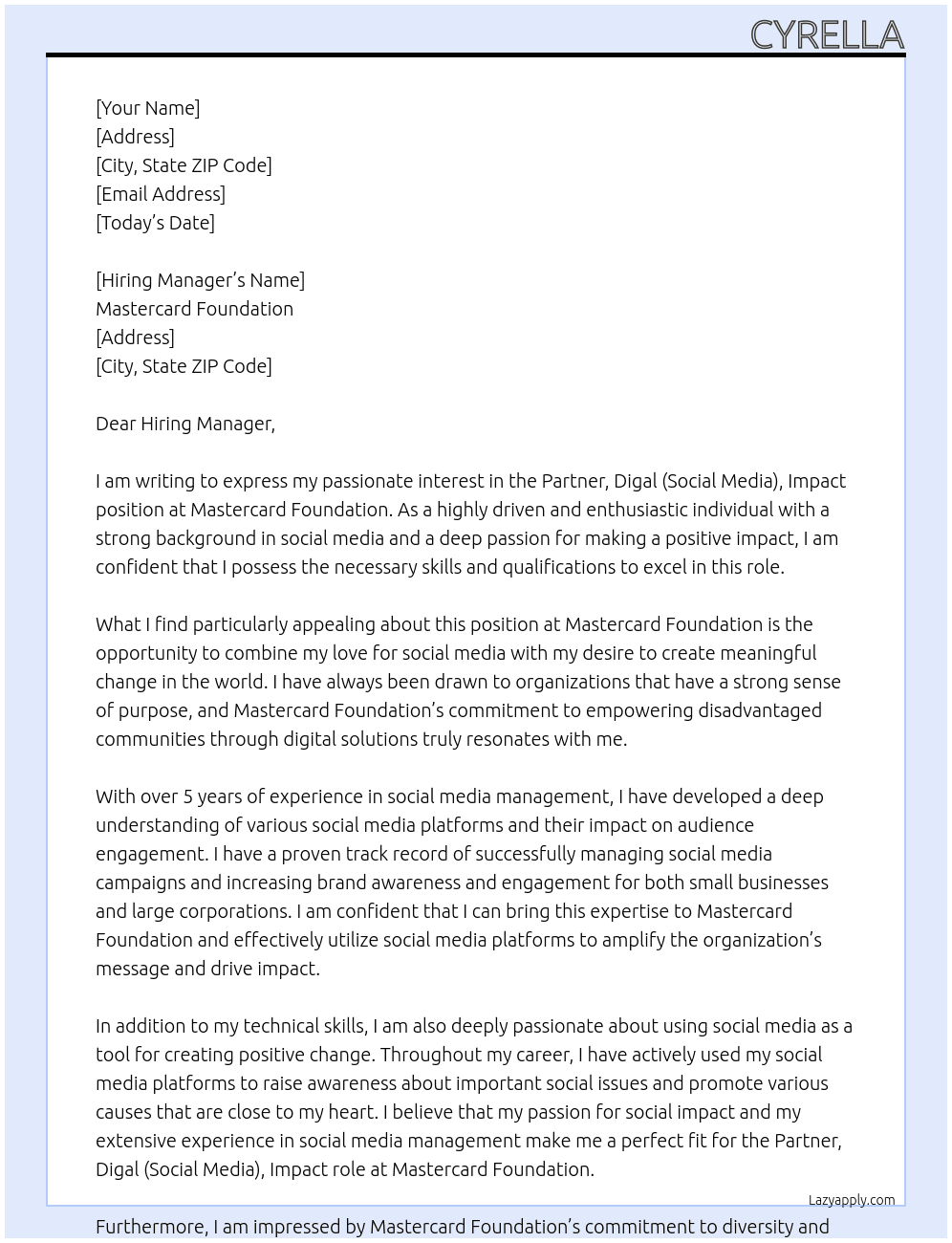 PArtner, Digal (Social Media), Impact At Mastercard Foundation  Cover Letter