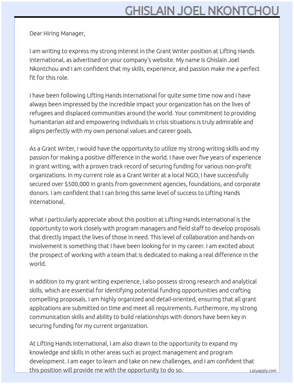 Grant Writer At Lifting Hands International Cover Letter