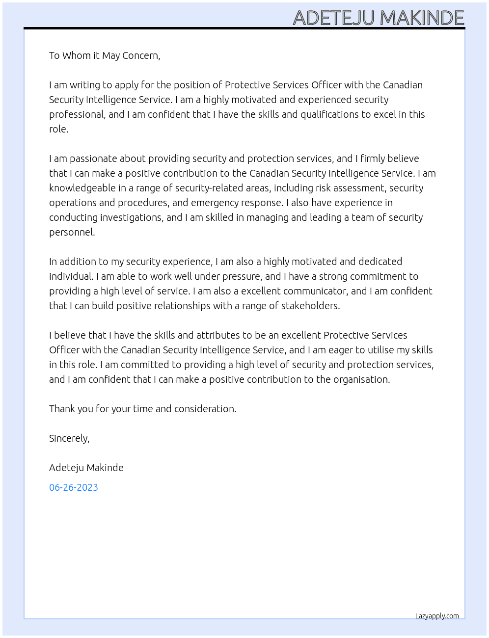 Protective Services Officer At government Cover Letter