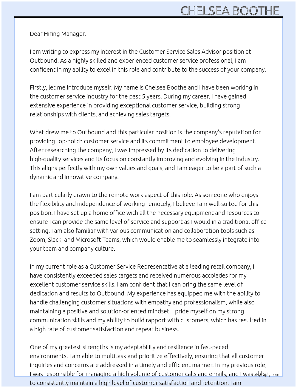 Customer service sales advisor  At Outbound  Cover Letter