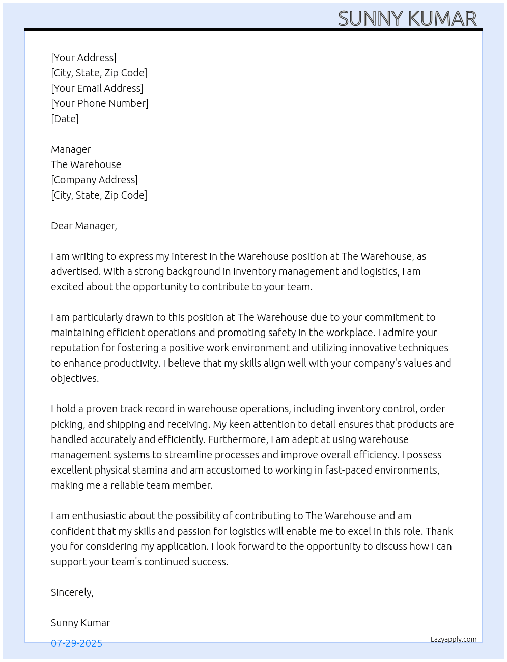 Warehouse job At The warehouse Cover Letter