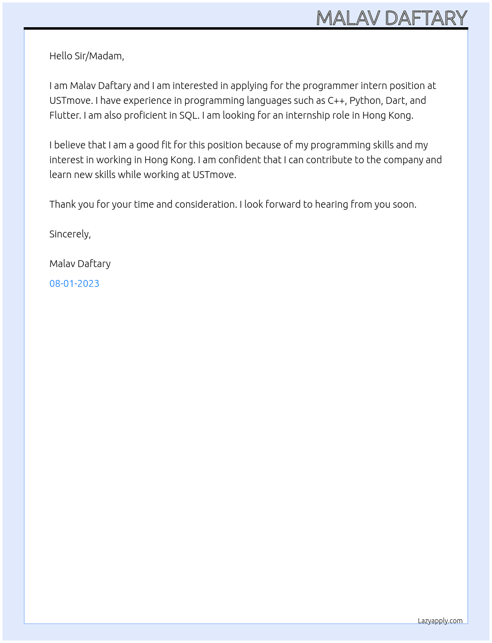 Programmer Intern At USTmove Cover Letter