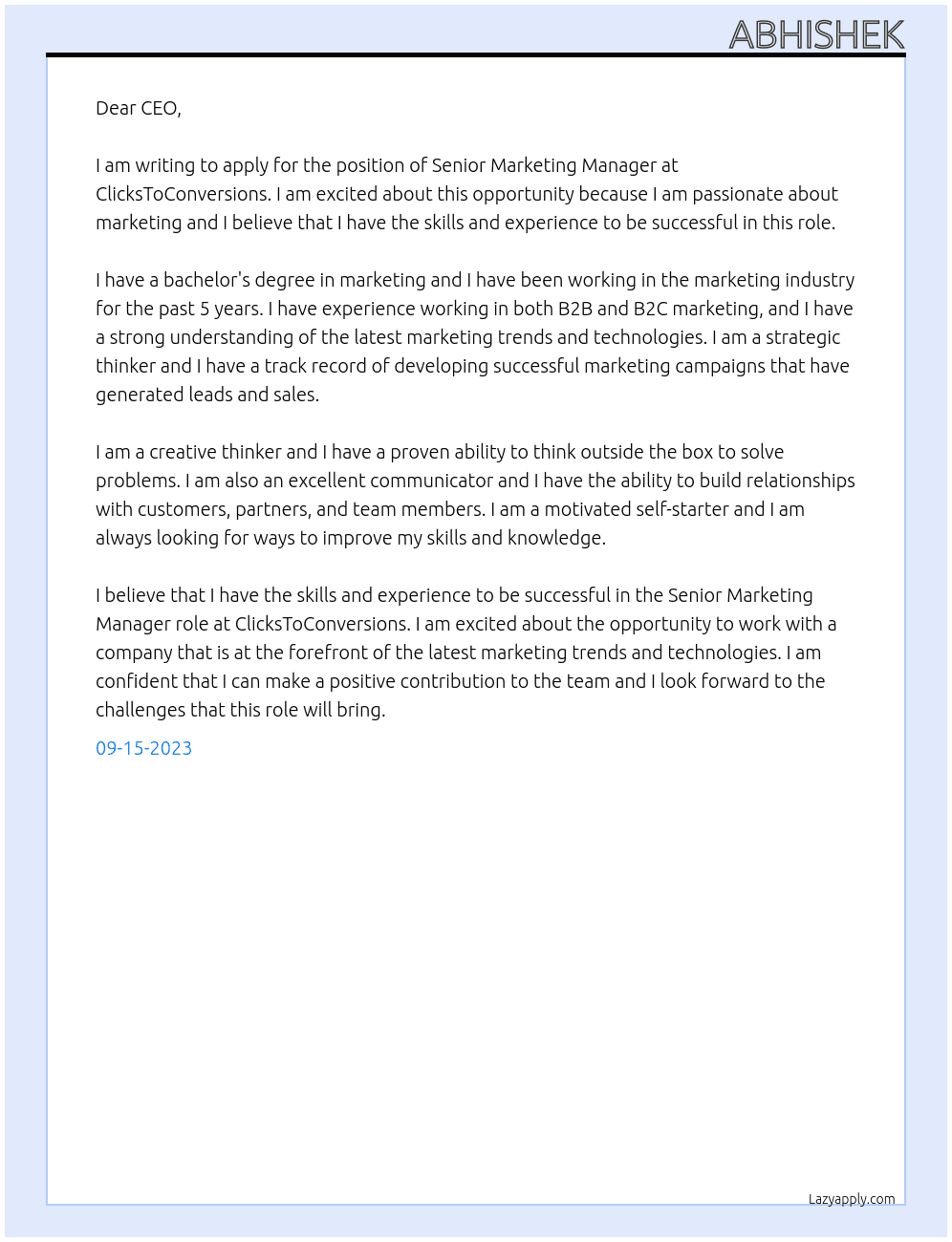 Senior Marketing Manager At ClicksToConversions Cover Letter