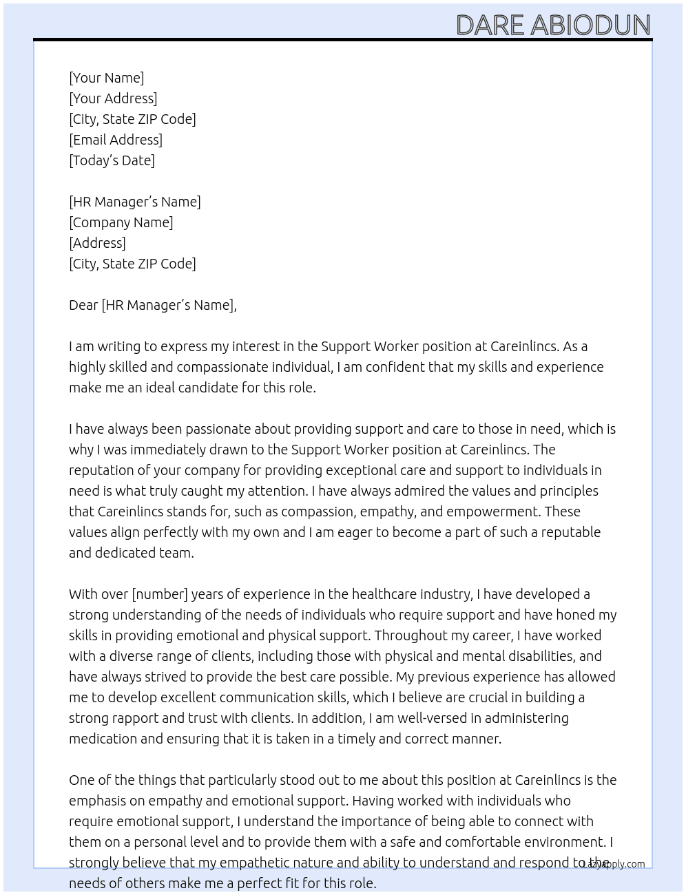 Support worker At Careinlincs  Cover Letter