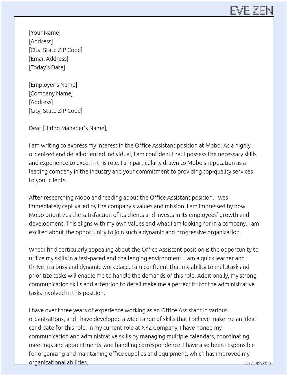 Office assistant  At Mobo Cover Letter
