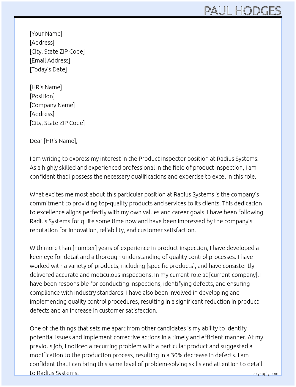 Product Inspector At Radius Systems Cover Letter