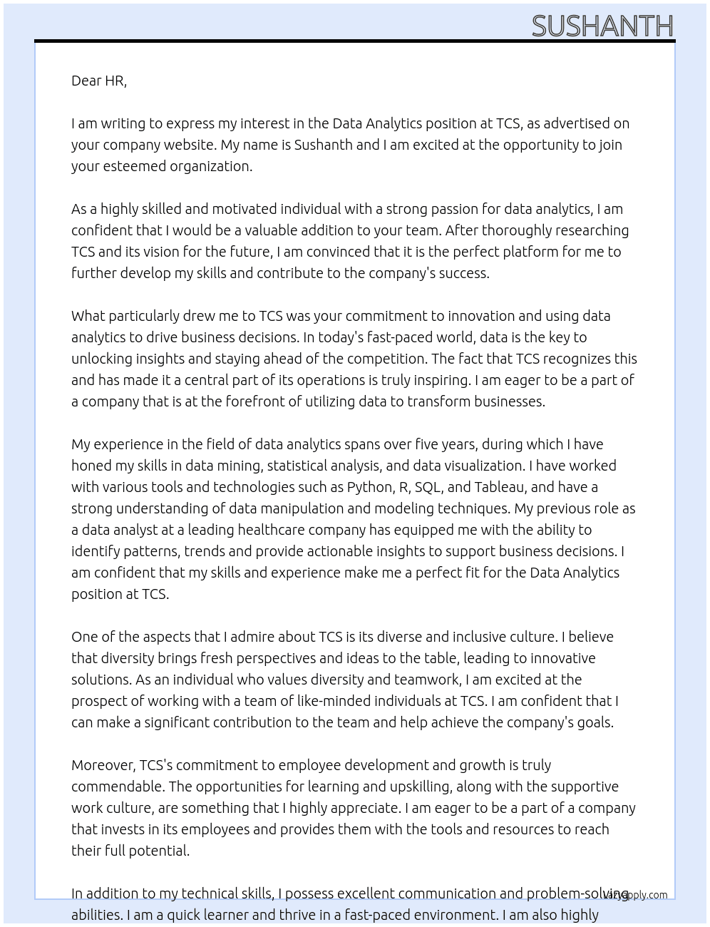 Data analytic At TCS Cover Letter