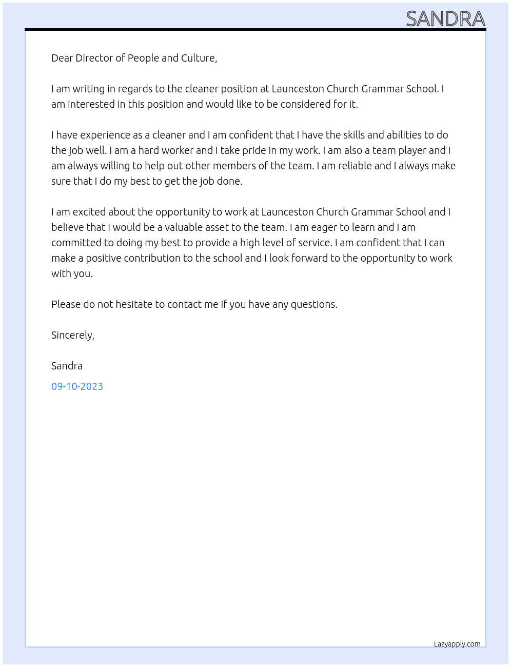 Cleaner At Launceston Church Grammar School Cover Letter