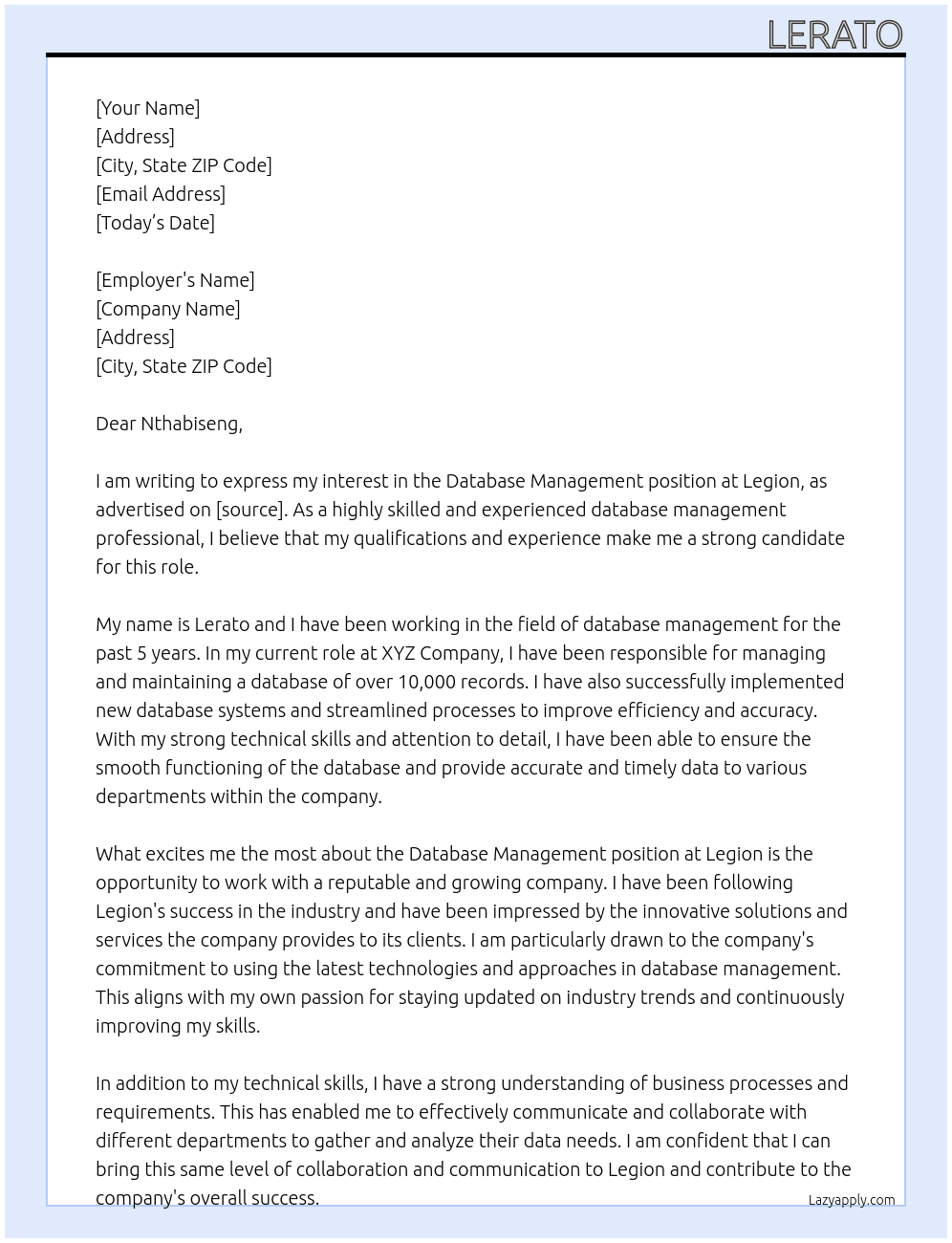 Database management  At Legion Cover Letter
