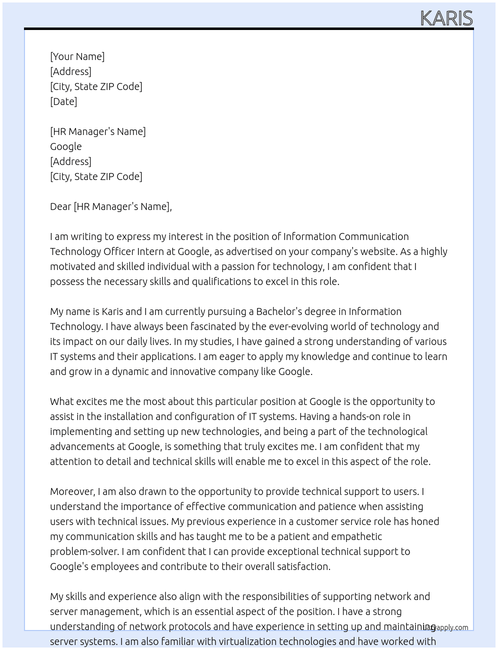 Cover letter for information communication technology officer intern - LazyApply