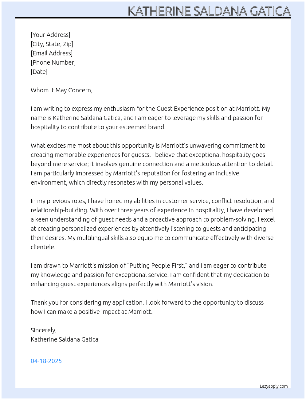 Cover letter for guest experience   experience - LazyApply