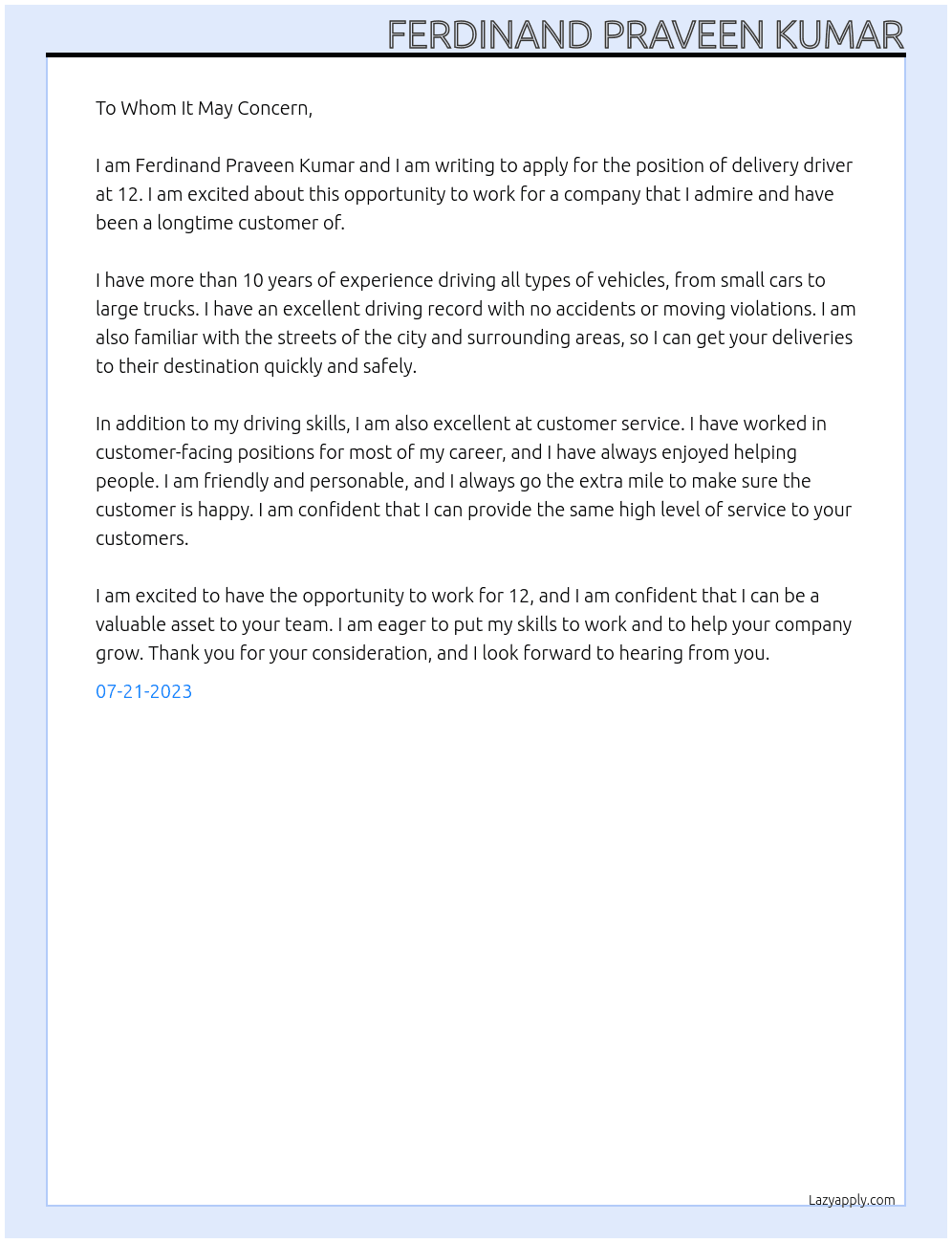 delivery driver At 12 Cover Letter