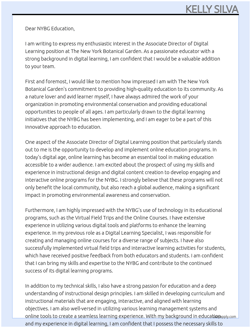 Associate Director of Digital Learning At The New York Botanical Garden Cover Letter