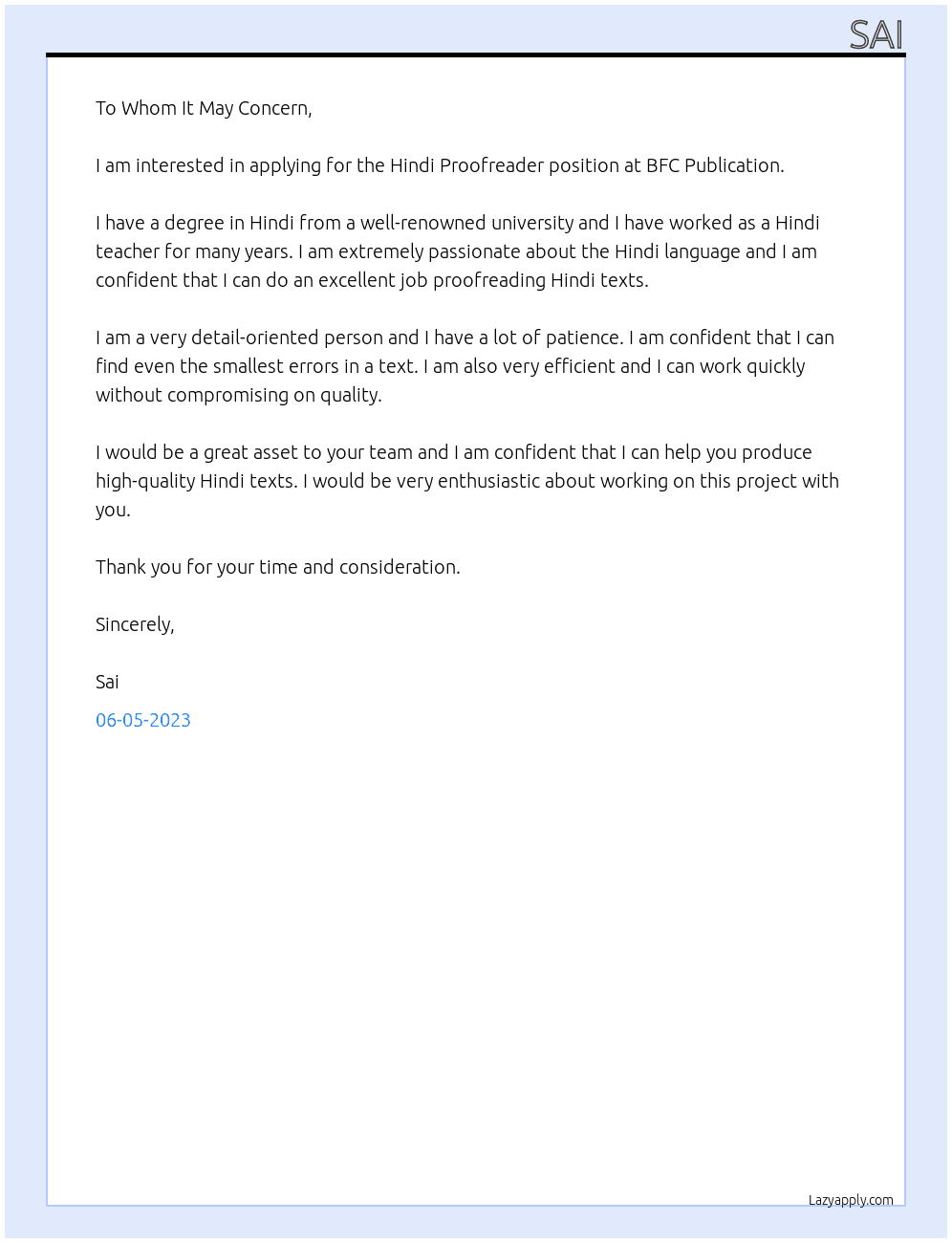 Hindi Proofreader  At BFC Publication  Cover Letter