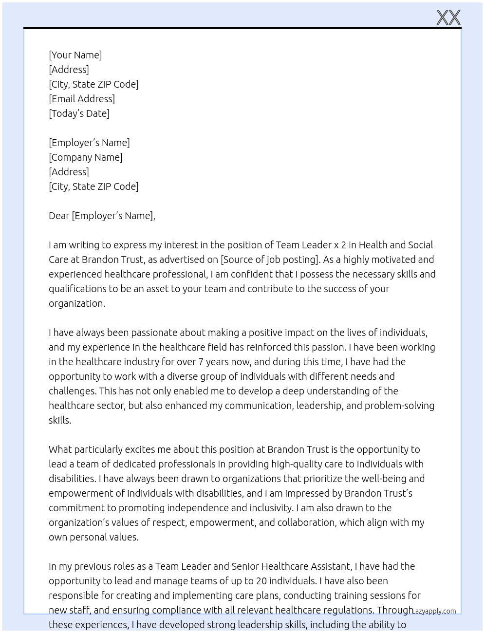 Team Leader x 2 - Health and Social Care - Dulwich At brandon trust Cover Letter