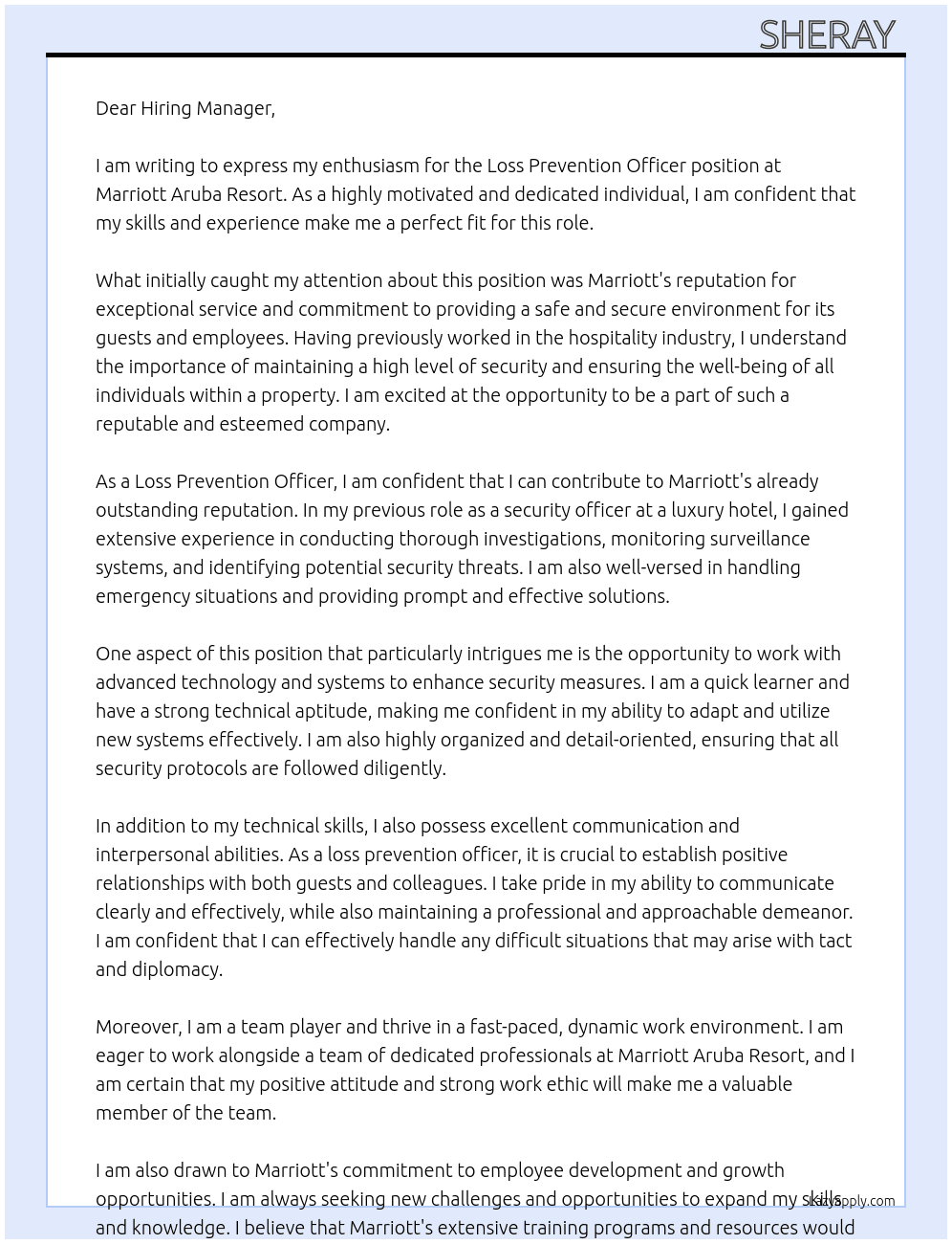 Loss prevention officer  At Marriott Aruba resort  Cover Letter