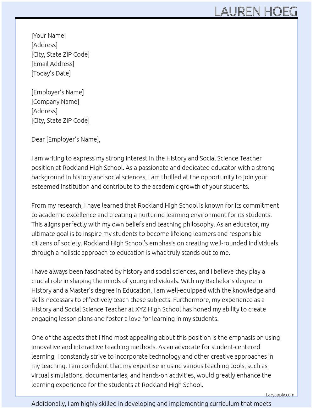 History and Social Science Teacher At Rockland High School Cover Letter
